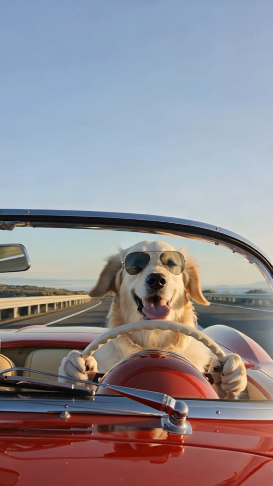 A golden retriever in aviator sunglasses driving a red convertible along a coastal road.