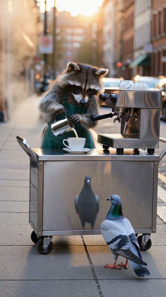 A raccoon in an apron pouring milk at a street coffee cart while two pigeons watch.