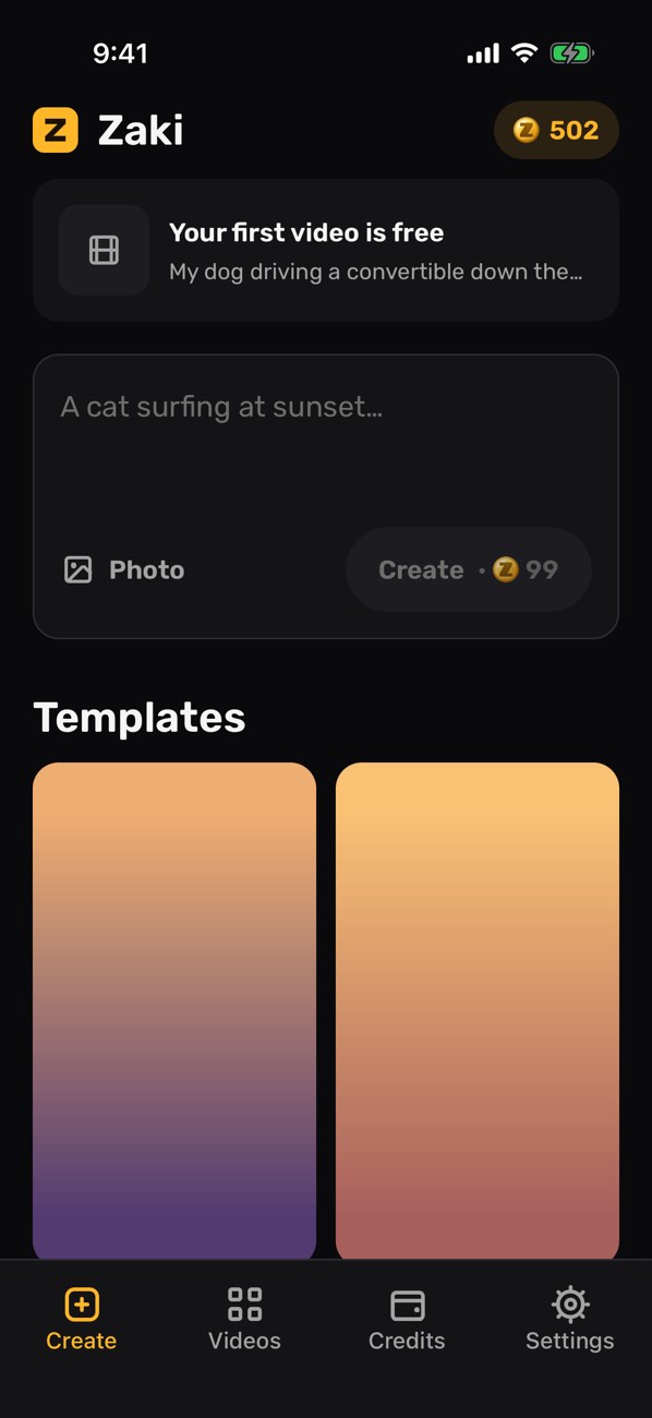 The Zaki home screen: a box to write an idea in, and a shelf of dance templates below it.